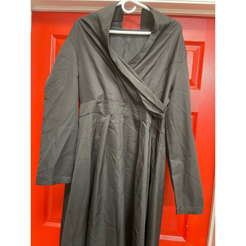 Black Long Sleeve Wrap Maxi Dress Surplice Neck Pleated High Waist 3XL